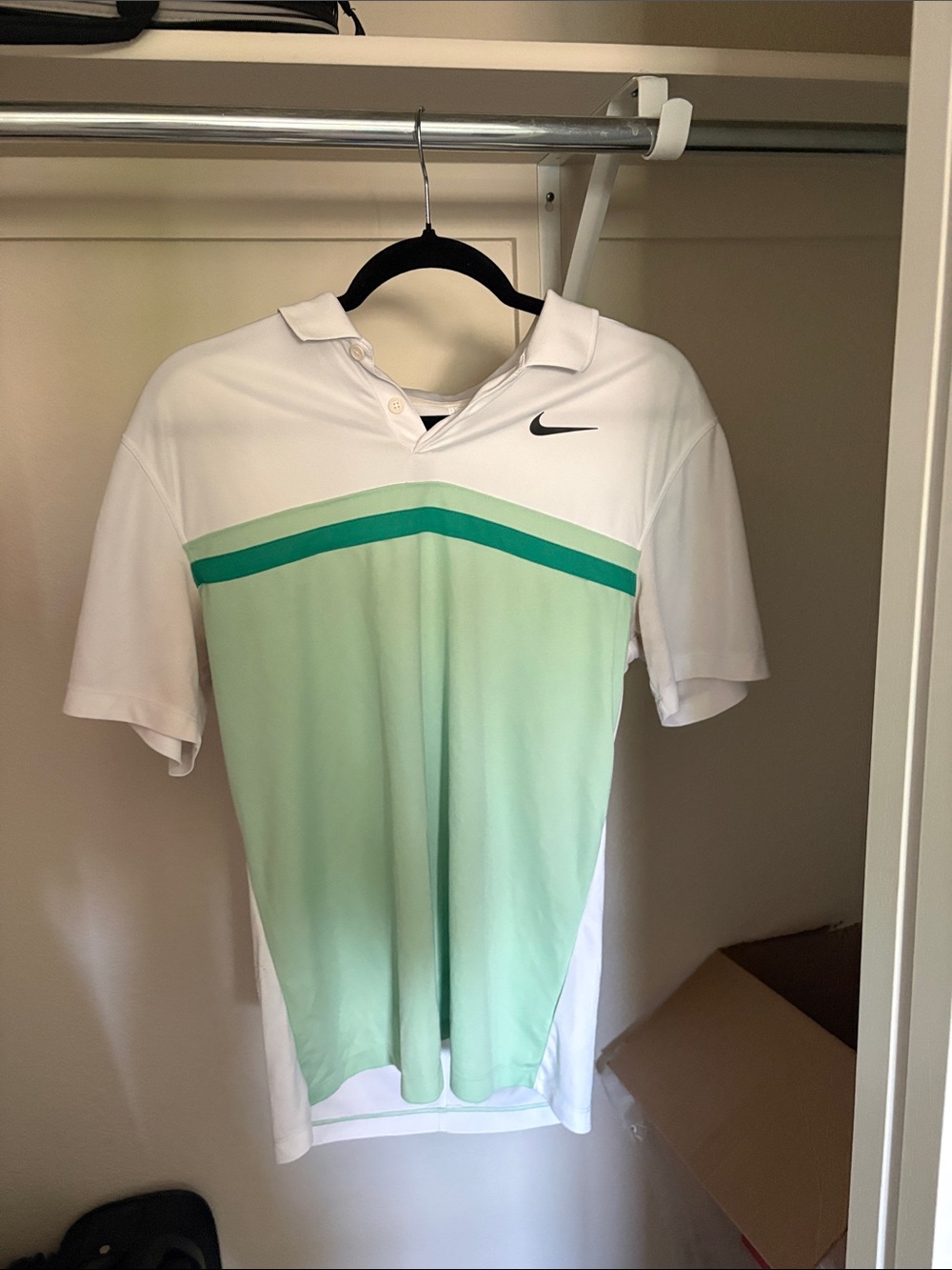 Nike Men’s White and Mint Green Polo with Teal Stripe